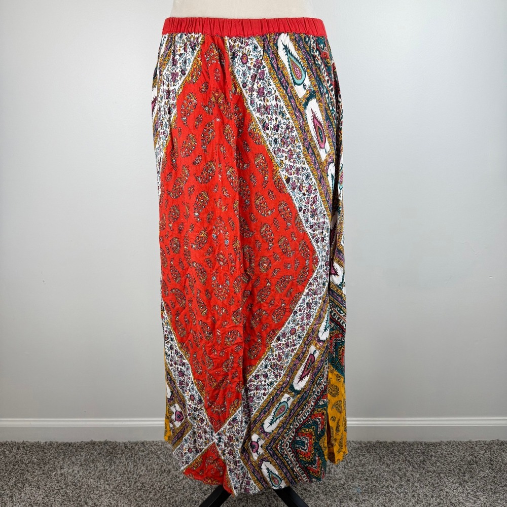 Angie Womens Red Multi Paisley Patchwork Tassel Metal Drawstring Maxi Skirt Boho - Picture 4 of 7